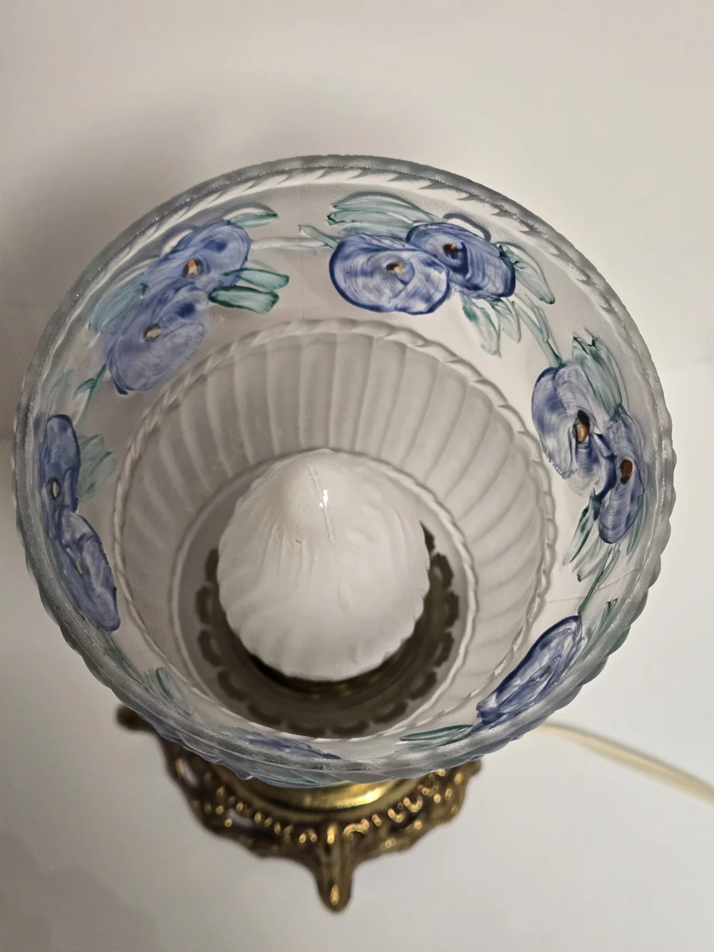 Hurricane Table Lamp with Frosted Blue Floral Glass Shade